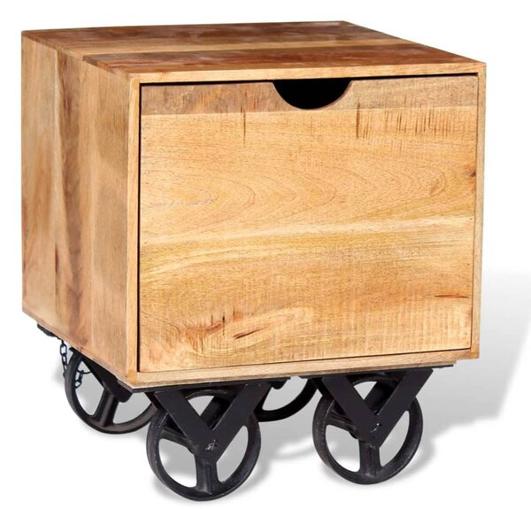 Sidobord med låda och hjul massivt mangoträ 40x40x45 cm