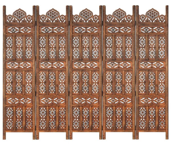 Rumsavdelare 5 paneler handsnidad brun 120x165 cm mangoträ