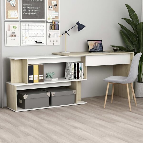 Skrivbord hörn vit och sonoma-ek 200x50x76 cm konstruerat trä