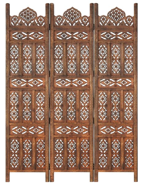 Rumsavdelare 3 paneler handsnidad brun 120x165 cm mangoträ