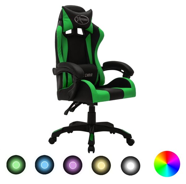 Gamingstol med RGB LED-lampor grön och svart konstläder