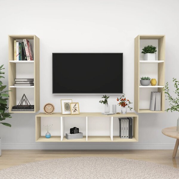 TV-skåp 3 delar vit och sonoma-ek konstruerat trä