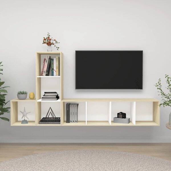 TV-skåp 3 st vit och sonoma-ek konstruerat trä