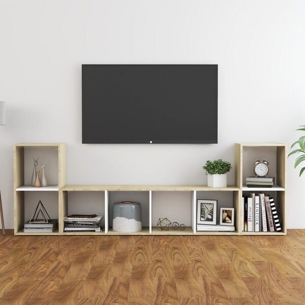 TV-skåp 3 delar vit och sonoma-ek konstruerat trä