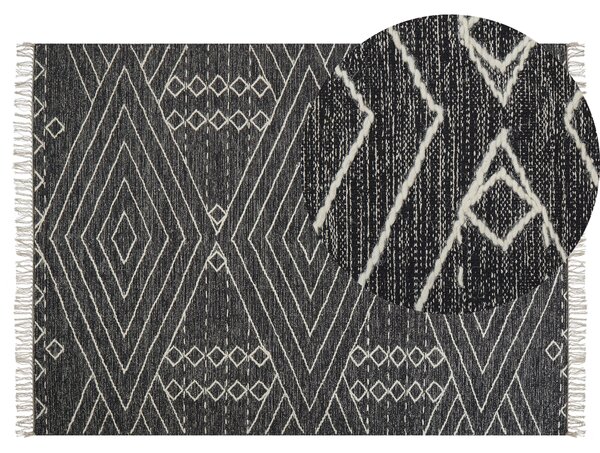 Matta Off-White Svart Bomull Ull 140 x 200 cm Geometriskt Mönster Runor Stam Tofsar Orientalisk Beliani
