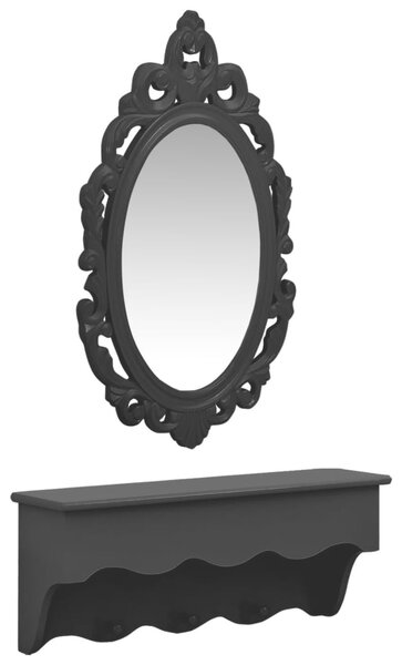Vägghylla för nycklar och smycken med spegel och krokar svart