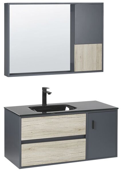 Badrumsmöbelset med spegelskåp 100 cm Ljust trä / Grå TERUEL Beliani