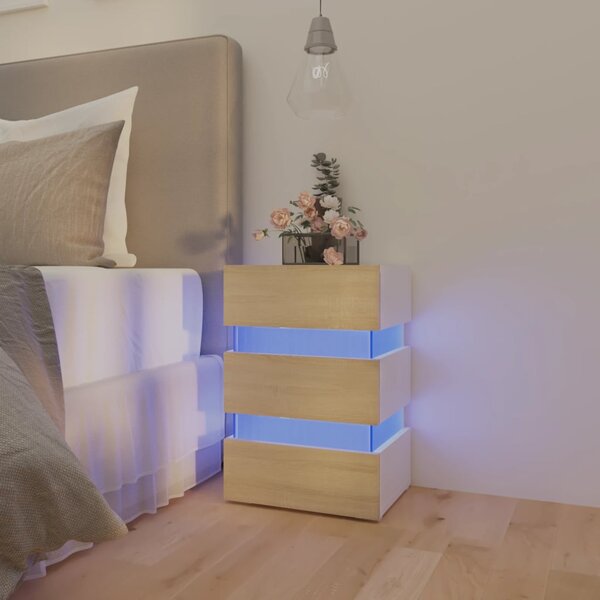 Sängskåp LED vit och sonoma-ek 45x35x67 cm spånskiva