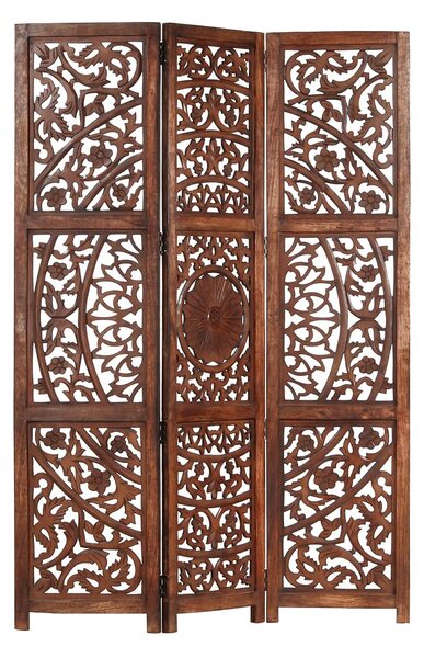Rumsavdelare 3 paneler handsnidad brun 120x165 cm mangoträ - Brun