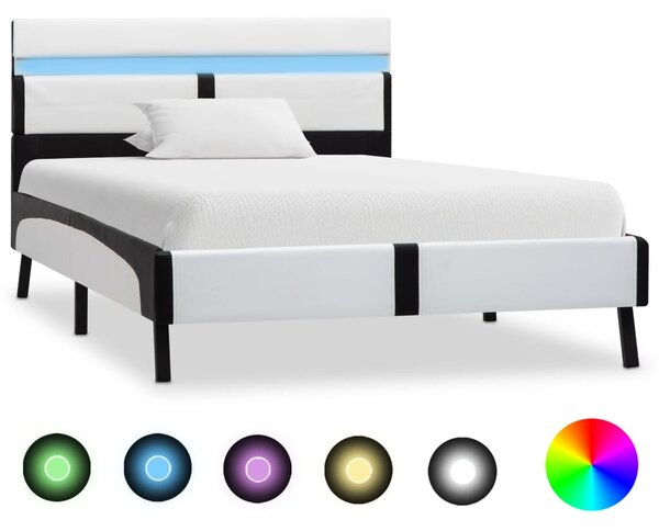 Sängram med LED vit och svart konstläder 90x200 cm