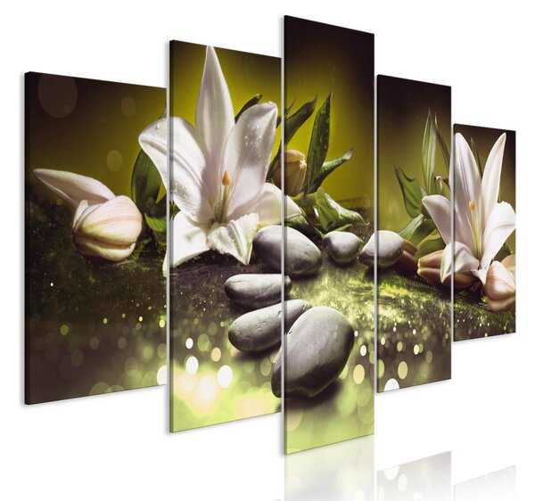 Tavla Lilies And Stones 5 Parts Wide Green 100x50 - Artgeist sp. z o. o