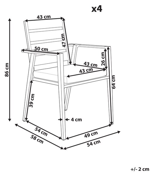 Set med 4 Trädgårdsstolar Vit Aluminium med Dynor Ryggstöd med Spjälor Design Modern Beliani