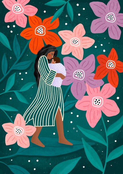 Illustration Mum and Baby in Floral Garden