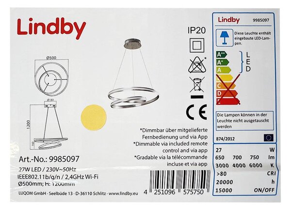 Lindby - LED ljusreglerad ljuskrona på textilsladd SMART VERIO LED/27W/230V + FK