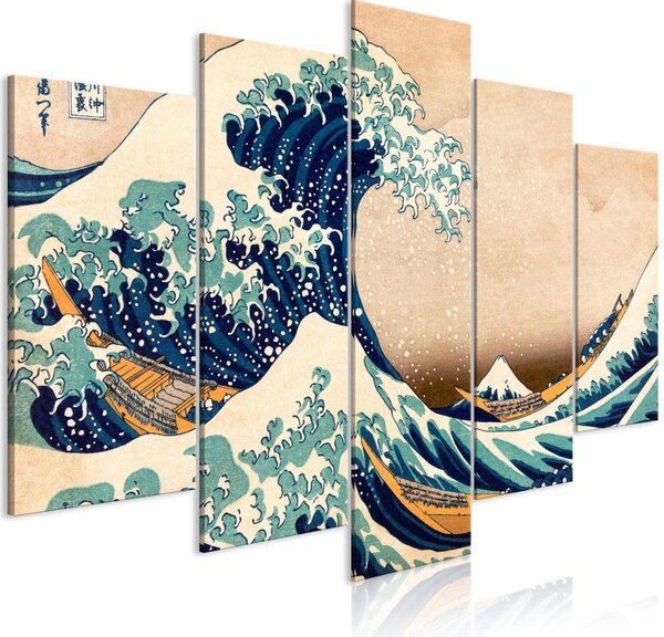 Canvas Tavla - The Great Wave off Kanagawa (5 delar) Wide - 200x100