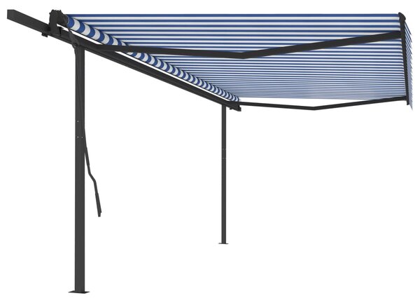 Markis med stolpar manuellt infällbar 5x3,5 m blå och vit
