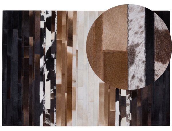 Matta Svart och Beige Läder 160 x 230 cm Rektangulär Lappmönster Handgjord Beliani