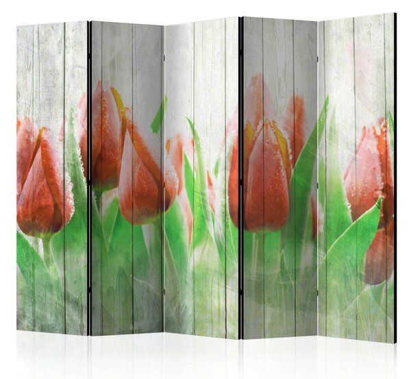 Rumsavdelare / Skärmvägg - Red tulips on wood II - 225x172