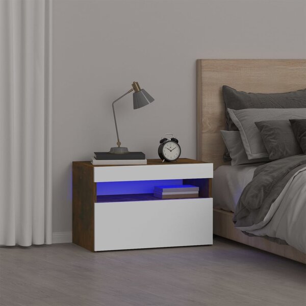 Sängbord med LED-belysning rökfärgad ek 60x35x40 cm