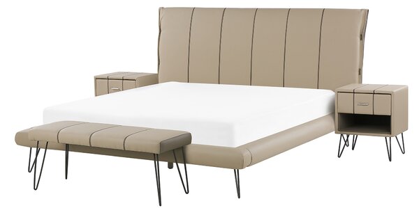 Sovrumsset Beige Dubbelsäng 160 x 200 cm 2 Sängbord Bänk Konstläder Modern Beliani