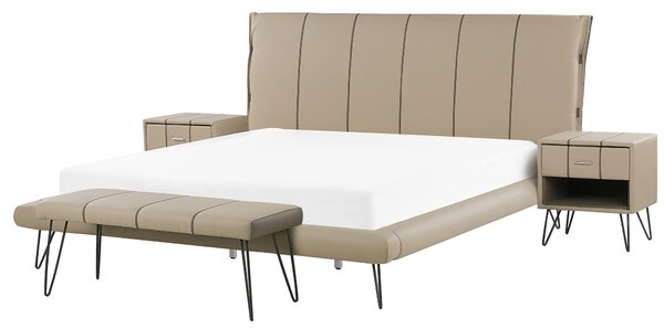Sovrumsset Beige Dubbelsäng 180 x 200 cm 2 Sängbord Bänk Konstläder Modern Beliani