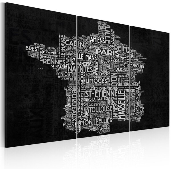 Canvas Tavla - Text map of France on the black background - triptych - 90x60
