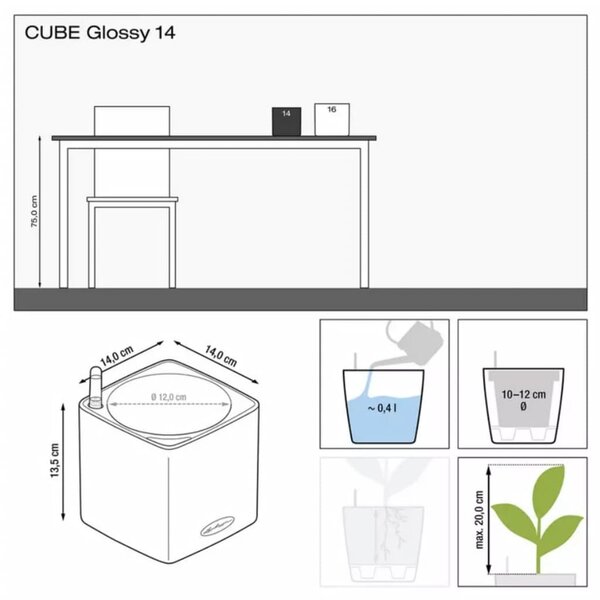 LECHUZA Blomkruka CUBE Glossy CAT 14 ALL-IN-ONE svart högglans