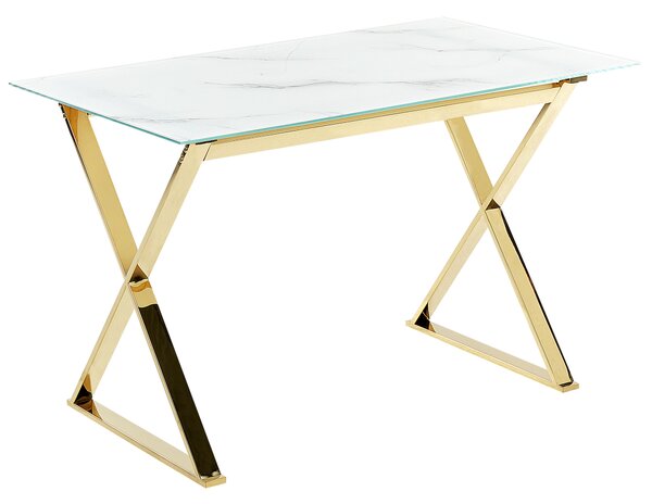 Matbord Marmorfinish och Guld Härdat Glas och Metallben Blank Finish 120 x 70 cm Rektangulär Glamourös Design Beliani