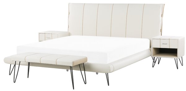 Sovrumsset Vit Dubbelsäng 180 x 200 cm 2 Sängbord Bänk Konstläder Modern Beliani