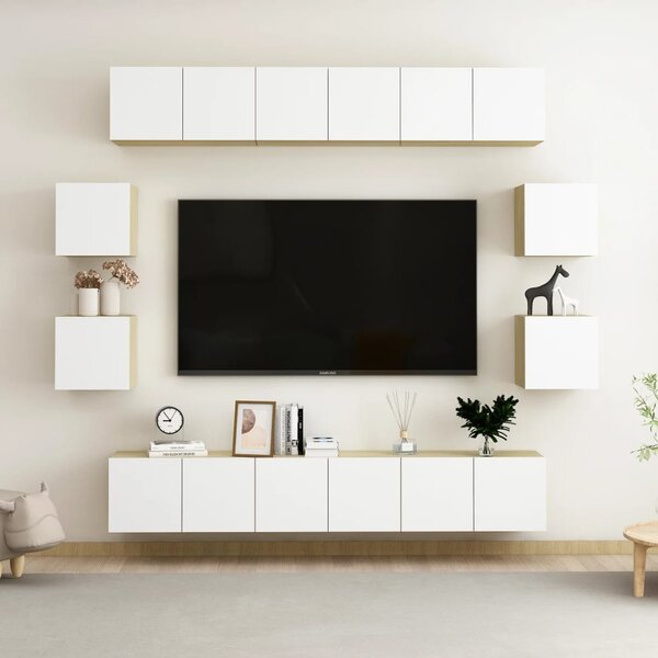 TV-skåp 10 delar vit och sonoma-ek konstruerat trä