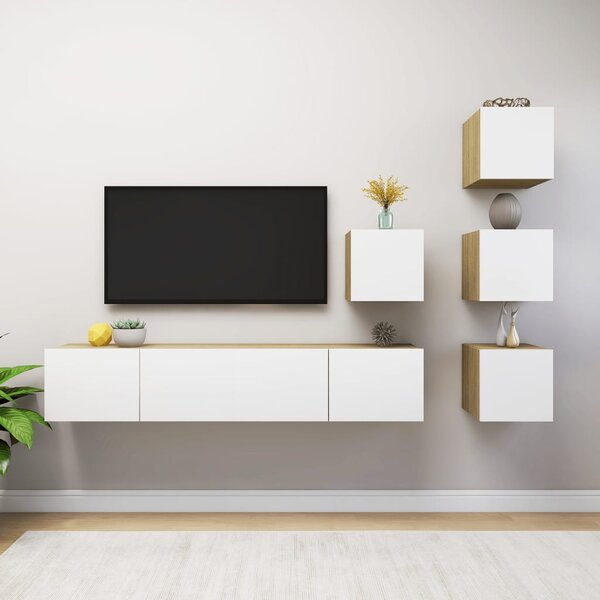 TV-skåp 6 delar vit och sonoma-ek konstruerat trä