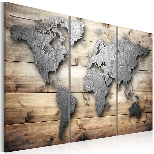 ARTGEIST - Världskarta i metalllook på brädor tryckta på duk, 3-delat - Flera storlekar 90x60