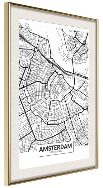 Inramad Poster / Tavla - City map: Amsterdam - 30x45 Guldram med passepartout