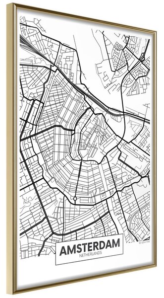 Inramad Poster / Tavla - City map: Amsterdam - 40x60 Guldram