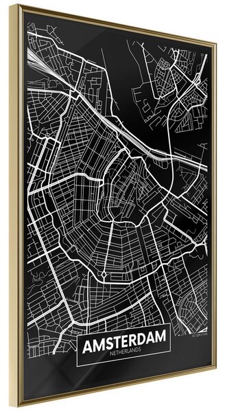 Inramad Poster / Tavla - City Map: Amsterdam (Dark) - 20x30 Guldram