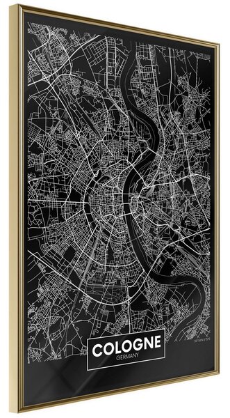 Inramad Poster / Tavla - City Map: Cologne (Dark) - 40x60 Guldram
