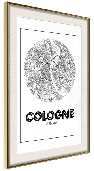Inramad Poster / Tavla - City Map: Cologne (Round) - 20x30 Guldram med passepartout