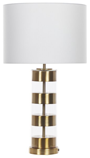 Bordslampa Guld/Transparent Glasbas med Vit Trumformad Tygskärm Beliani
