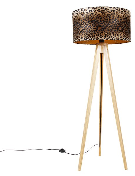 Modern golvlampa trätyg leopardskärm 50 cm - Tripod Classic