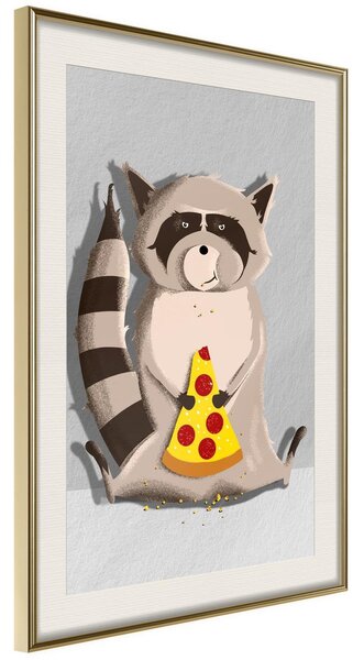 Inramad Poster / Tavla - Racoon Eating Pizza - 20x30 Guldram med passepartout