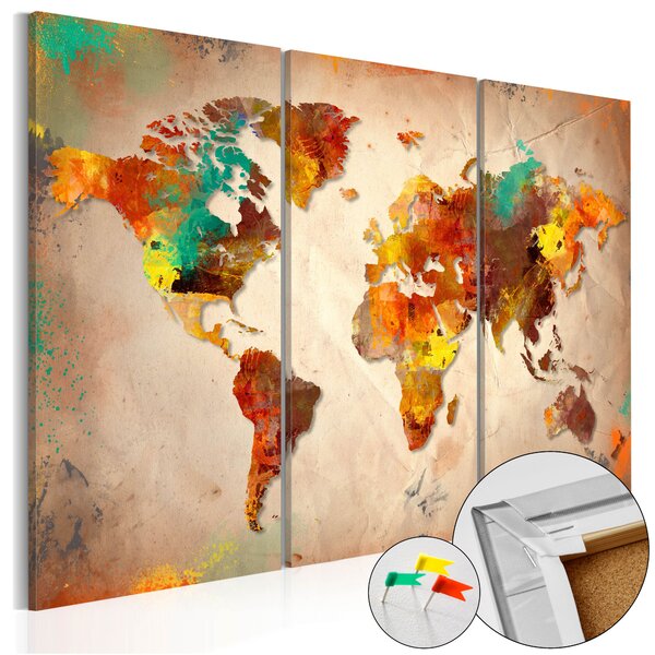 ARTGEIST Painted World - Världskarta i färgglad design tryckt på kork, 3-delad - Flera storlekar 90x60