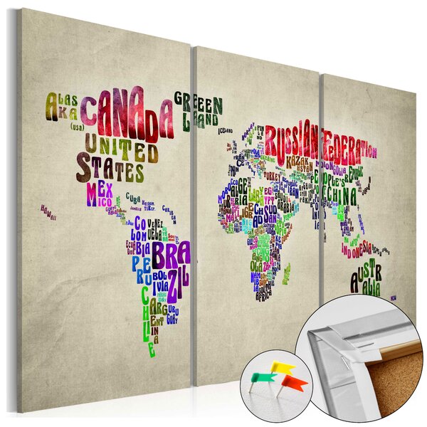 ARTGEIST Global Tourné - Världskarta med landsnamn tryckta på kork, 3-delat - Flera storlekar 60x40