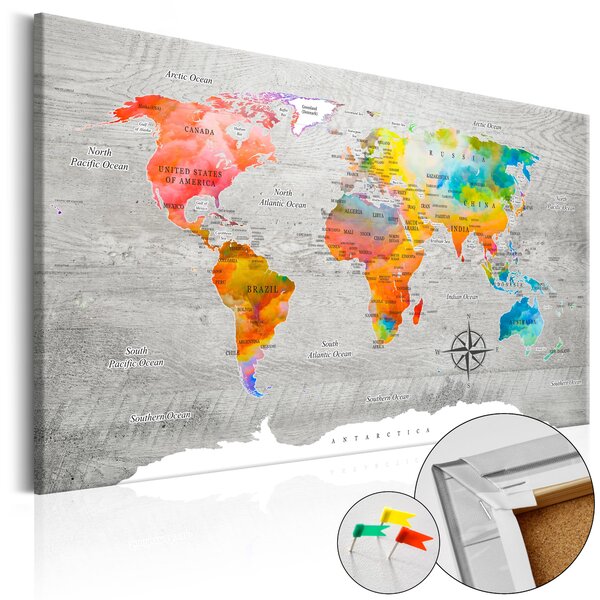 ARTGEIST Multicolored Travels - Färgglad världskarta på betong tryckt på kork - Flera storlekar 60x40