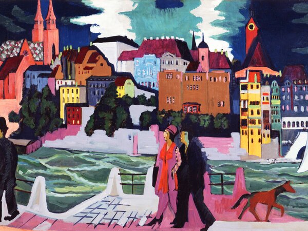 Konsttryck View of Basel & The Rhine (People Walking in the City) - Ernst Ludwig Kirchner, (40 x 30 cm)