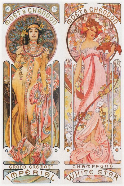 Konsttryck Moët & Chandon Champagne (Beautiful Pair of Art Nouveau Lady, Advertisement) - Alfons / Alphonse Mucha, (26.7 x 40 cm)