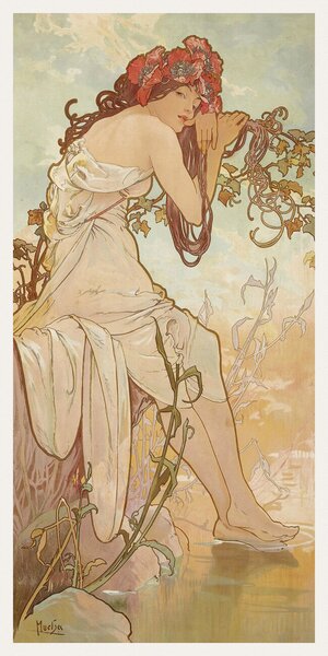 Konsttryck The Seasons: Summer (Art Nouveau Portrait) - Alphonse Mucha, (20 x 40 cm)