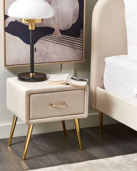 Nattduksbord Beige Sammet 1 Låda Minimalistisk Design Retro Vintage Sovrumsmöbler Beliani