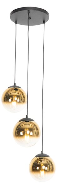 Art Deco hänglampa svart med guldglas rund 3-ljus - Pallon