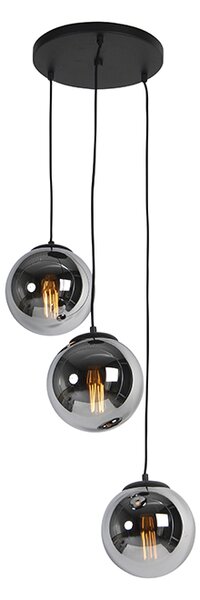 Art Deco hängande lampa svart med rökglas 3-ljus - Pallon