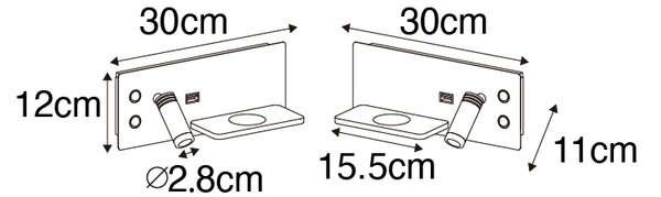 Set med 2 vägglampor svart med guld inkl LED med USB och induktionsladdare - Riza